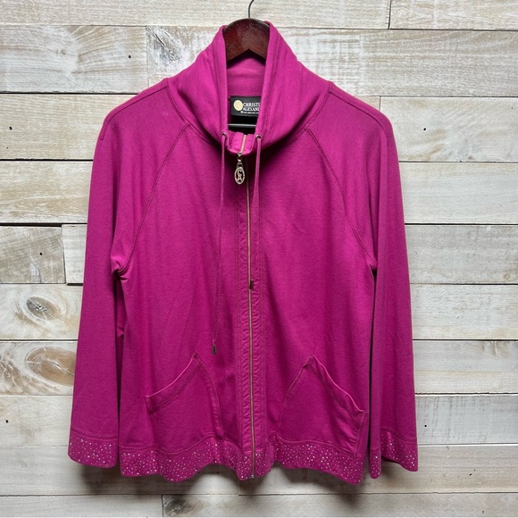 Christine Alexander Jacket Womens Large Pink Rhinestone Full Zip Long Sleeve - Picture 1 of 14